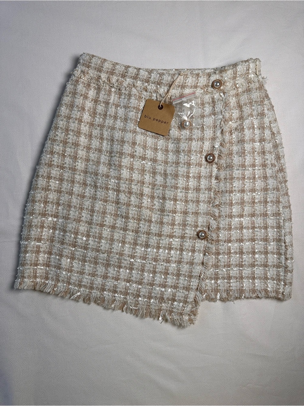 Blu Pepper Tweed Mini Skort Pearl Buttons Fringe Hem Size Small - Picture 4 of 11